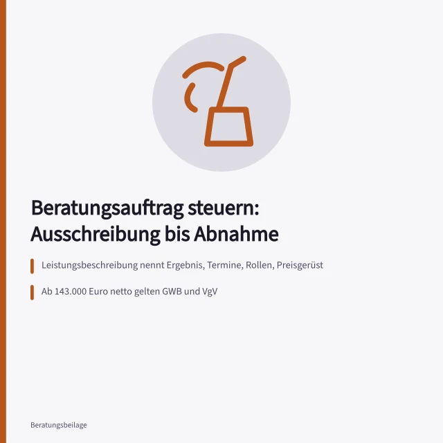 Karte zur Steuerung von Beratungsaufträgen von Ausschreibung bis Abnahme. Beratungsauftrag steuern: Von der Ausschreibung bis zur Abnahme