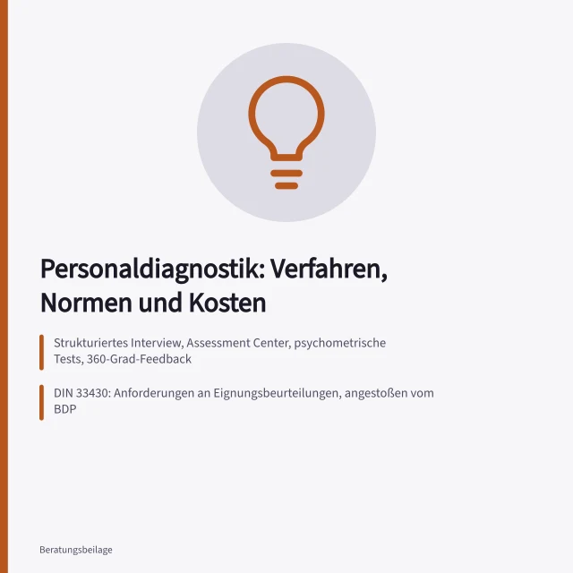 Karte zu Personaldiagnostik: Verfahren, DIN 33430 und Kosten pro Kandidat. Personaldiagnostik in der Personalberatung als Instrument und Grenze