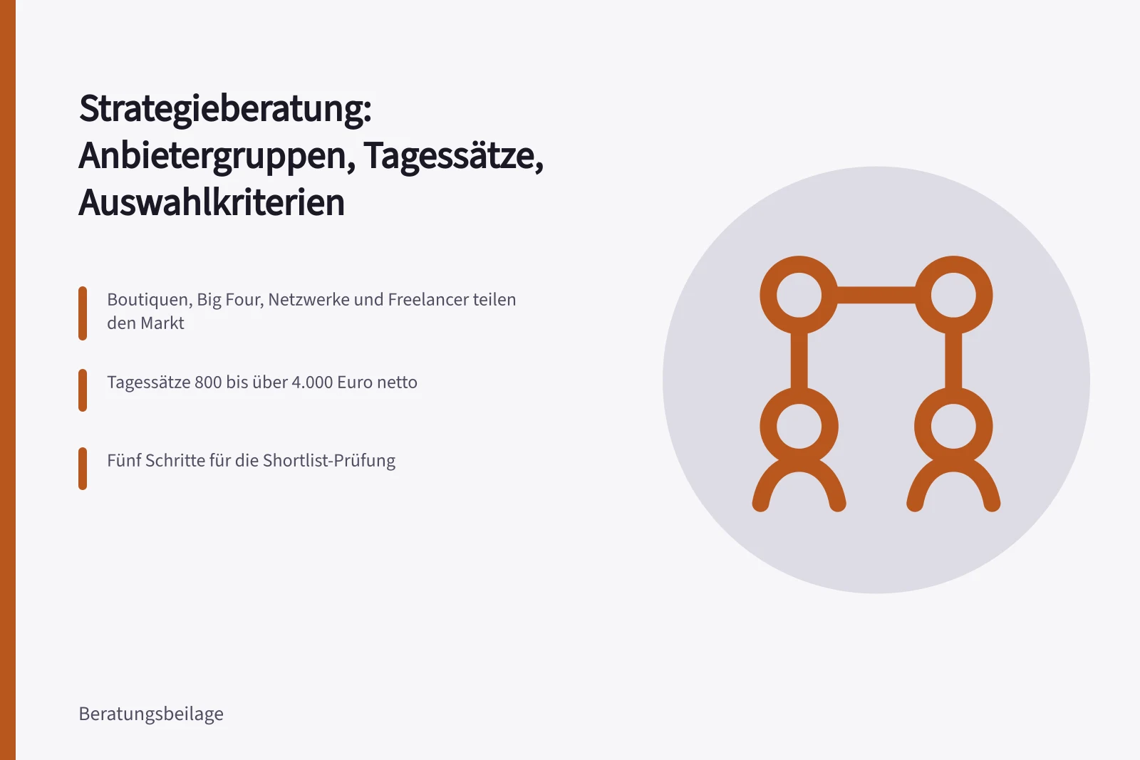 Vergleich von Strategieberatungen nach Anbietergruppen, Tagessätzen und Auswahlkriterien