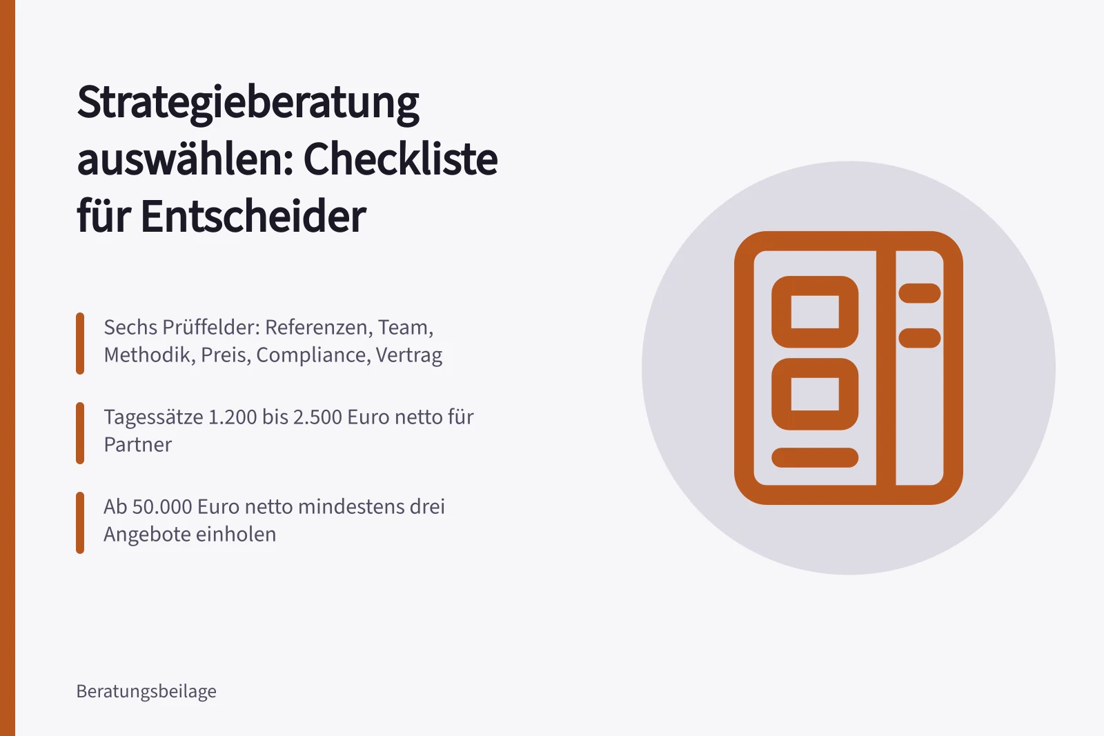 Checkliste zur Auswahl von Strategieberatungen mit Prüffeldern und Grenzwerten