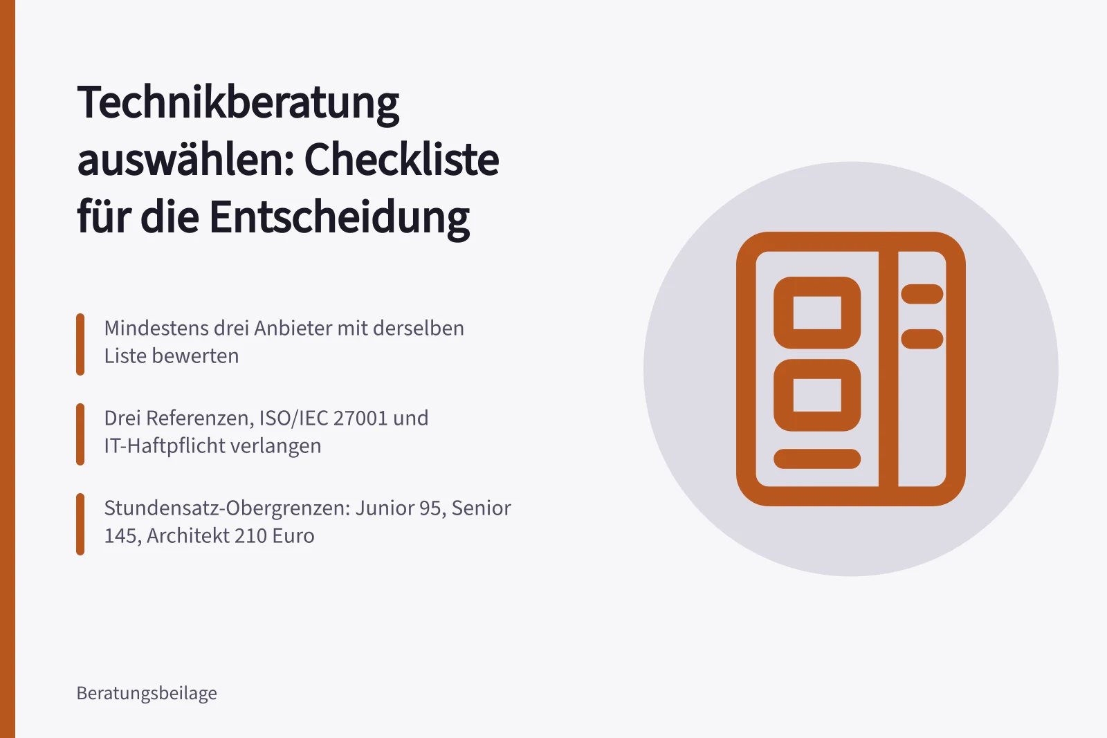 Checkliste zur Auswahl von Technikberatung mit Anbietern, Nachweisen und Preisgrenzen