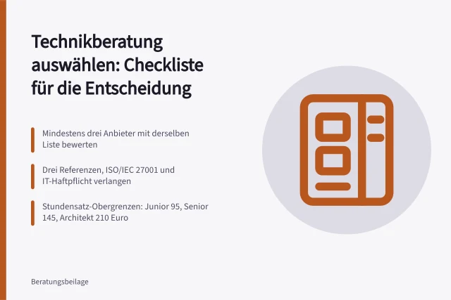 Checkliste zur Auswahl von Technikberatung mit Anbietern, Nachweisen und Preisgrenzen. Technikberatung Auswahl Checkliste für die Entscheidung