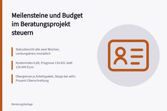 Karte zur Steuerung von Beratungsprojekten mit Meilensteinen, Statusberichten und Budgetkontrolle. Wie steuert man ein Beratungsprojekt mit Meilensteinen und Budget?
