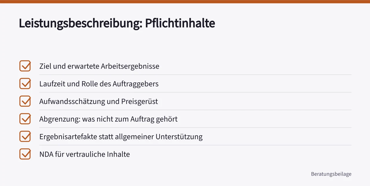 Checkliste mit sechs Pflichtinhalten einer Leistungsbeschreibung für Beratungsaufträge ('Beratungsauftrag steuern: Von der Ausschreibung bis zur Abnahme')