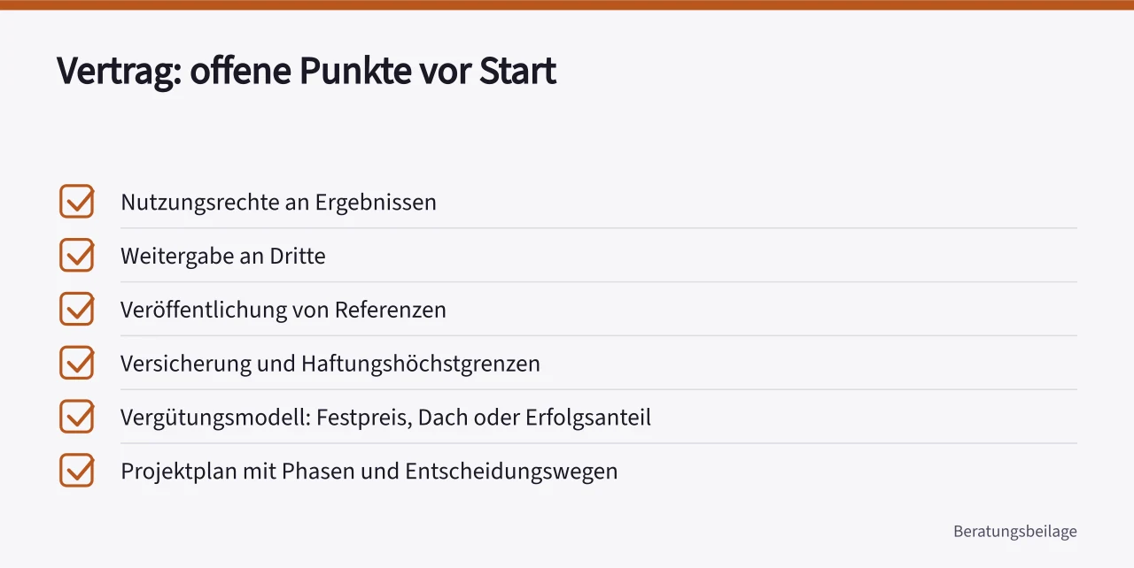 Checkliste der vertraglichen Punkte, die vor Projektstart geklärt werden müssen ('Beratungsauftrag steuern: Von der Ausschreibung bis zur Abnahme')
