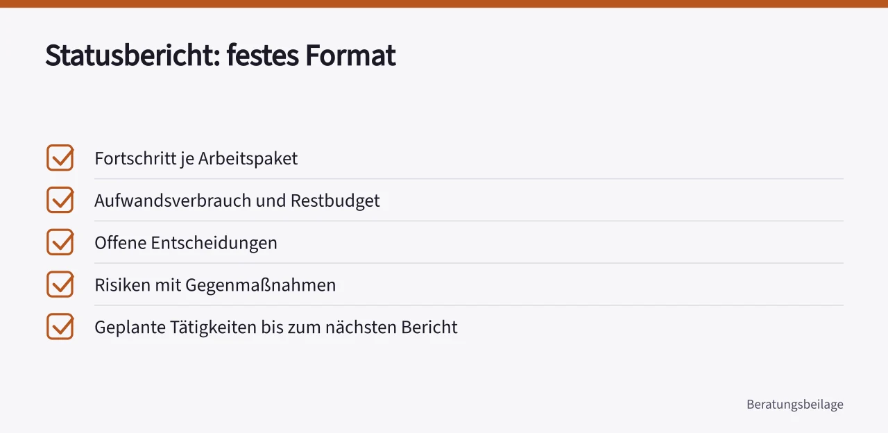 Checkliste mit fünf Pflichtinhalten eines Statusberichts im Beratungsprojekt ('Beratungsauftrag steuern: Von der Ausschreibung bis zur Abnahme')