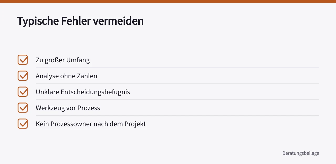 Checkliste mit fünf typischen Fehlern in der Prozessberatung ('Prozessberatung im Unternehmen: Ablauf, Methoden und typische Fehler')