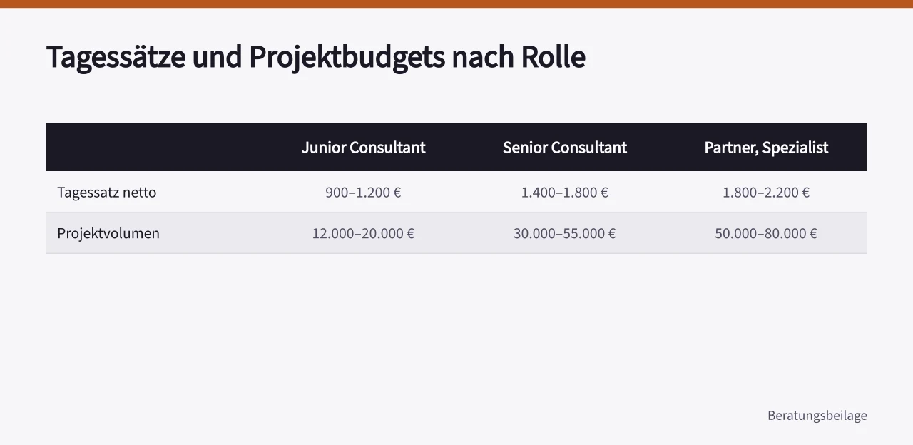 Vergleichstabelle: Tagessätze und Projektbudgets für Junior, Senior und Partner (Prozessberatung Kosten im Vergleich zu internen Verbesserungskosten)