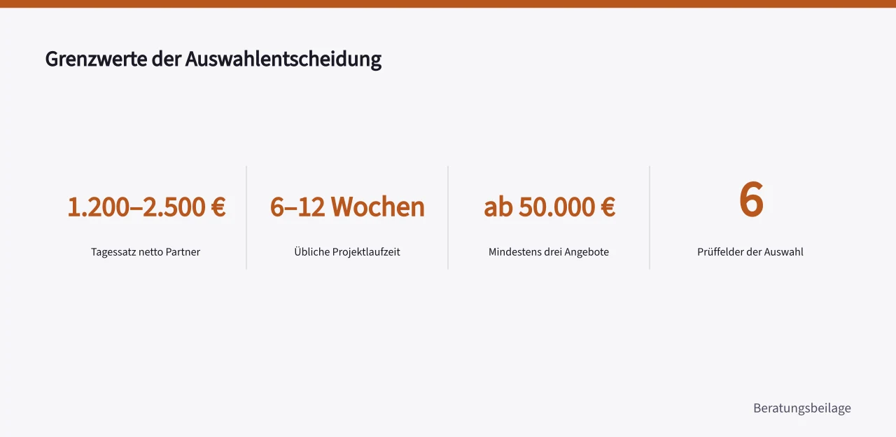 Vier Kennzahlen zu Tagessätzen, Laufzeit, Angebotszahl und Prüffeldern (Strategieberatung Auswahl Checkliste für die Entscheidung)