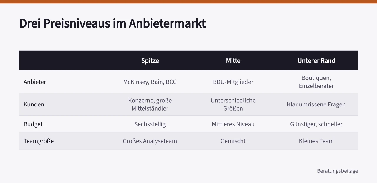 Übersicht der drei Anbieterklassen mit Kunden, Budget und Teamgröße ('Strategieberatung für den Mittelstand: Leistungen, Anbieter und Kosten')