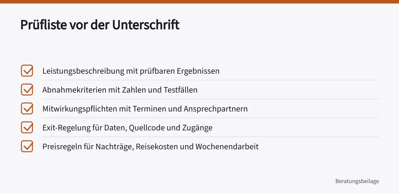 Fünf Prüfpunkte vor Vertragsunterschrift bei Technikberatung ('Technikberatung für IT und Digitalisierung: Leistungen, Anbieter und Verträge')